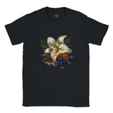 Black t-shirt with a floral design featuring white flowers and blueberries on a white background