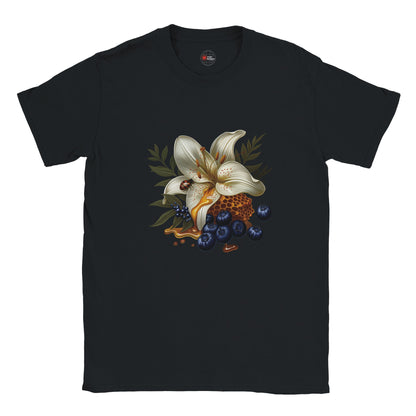 Black t-shirt with a floral design featuring white flowers and blueberries on a white background