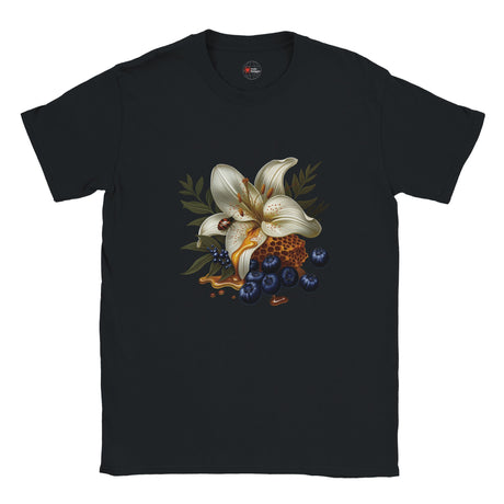 Black t-shirt with a floral design featuring white flowers and blueberries on a white background