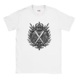 Flat lay of Sports Grey T-shirt featuring detailed black-and-white heraldic design with crown, crossed swords, and ornamental floral frame, printed on soft cotton Gildan 64000. Surrounded by casual fashion accessories on a dark background.