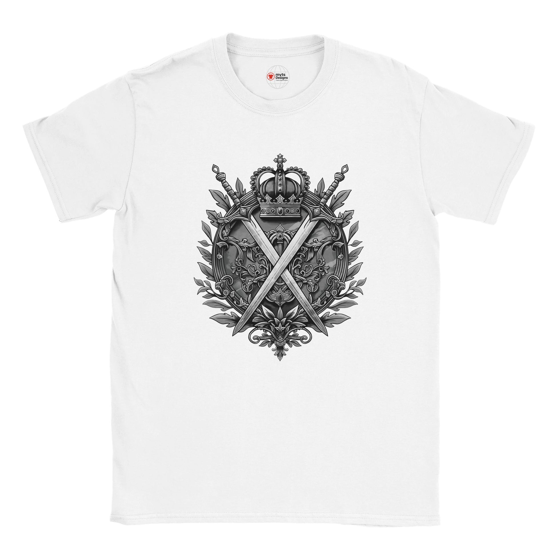 Flat lay of Sports Grey T-shirt featuring detailed black-and-white heraldic design with crown, crossed swords, and ornamental floral frame, printed on soft cotton Gildan 64000. Surrounded by casual fashion accessories on a dark background.