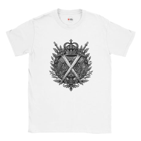 Flat lay of Sports Grey T-shirt featuring detailed black-and-white heraldic design with crown, crossed swords, and ornamental floral frame, printed on soft cotton Gildan 64000. Surrounded by casual fashion accessories on a dark background.