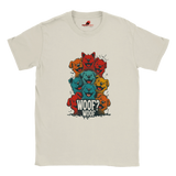 A flat lay Sand T-shirt featuring a vibrant graphic of cartoon puppies stacked in red, orange, blue, and yellow hues, with the playful text “WOOF? WOOF” below the design.