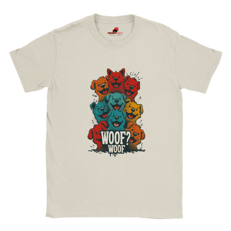 A flat lay Sand T-shirt featuring a vibrant graphic of cartoon puppies stacked in red, orange, blue, and yellow hues, with the playful text “WOOF? WOOF” below the design.