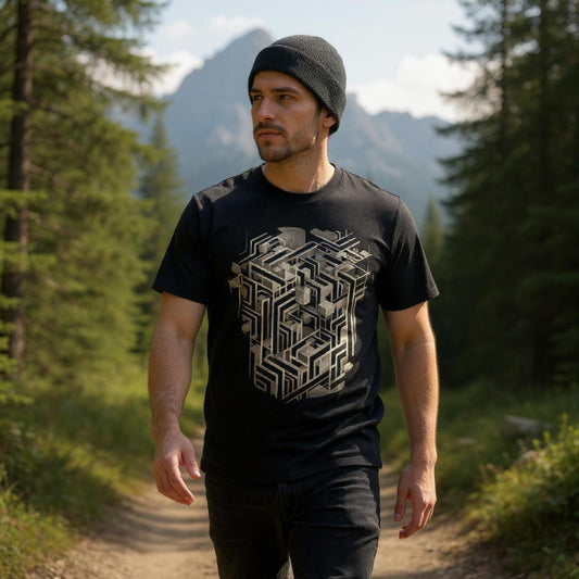 Man wearing a black t-shirt with geometric design walking on a forest path with mountains in the background