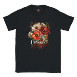 A black Unbound Beauty graphic T-shirt with red, orange and cream poppy flowers, geometric accents and retro typography.