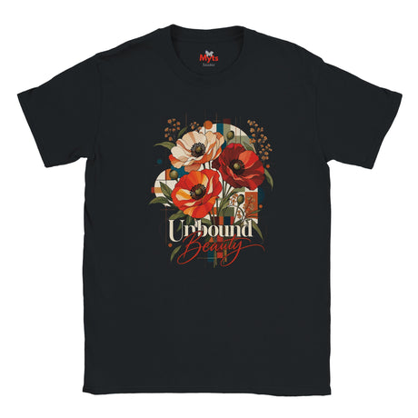 A black Unbound Beauty graphic T-shirt with red, orange and cream poppy flowers, geometric accents and retro typography.