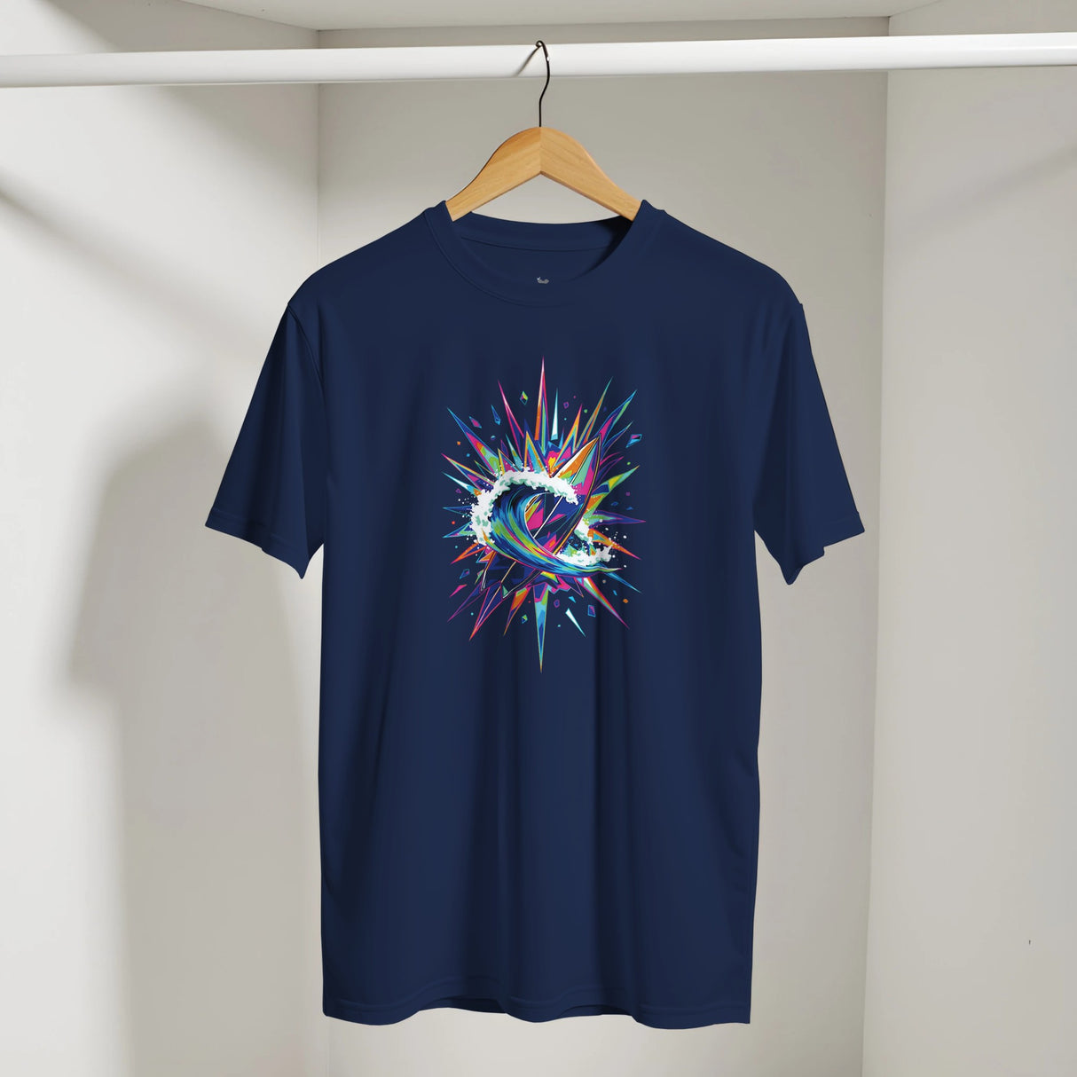 Navy blue t-shirt with a colorful abstract design on a hanger against a white wall.
