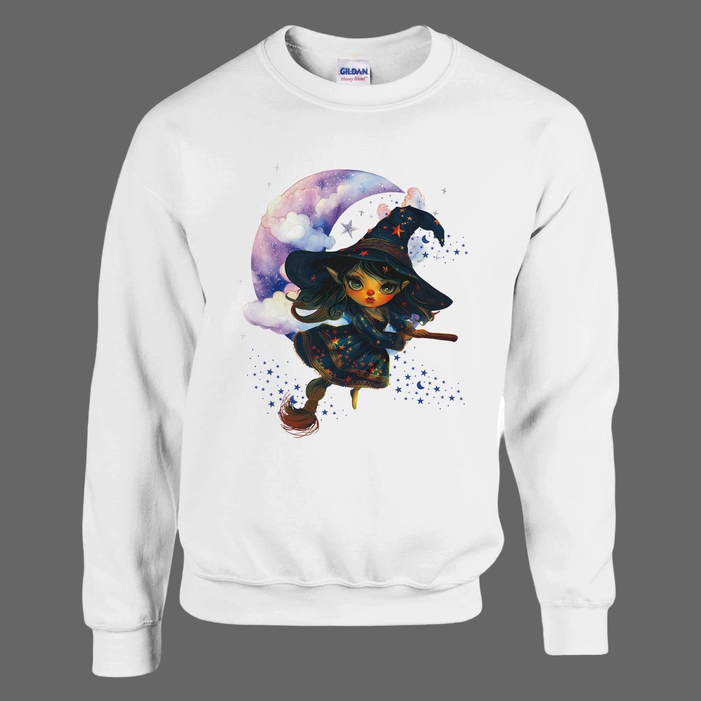 White sweatshirt with a witch graphic on a grey background