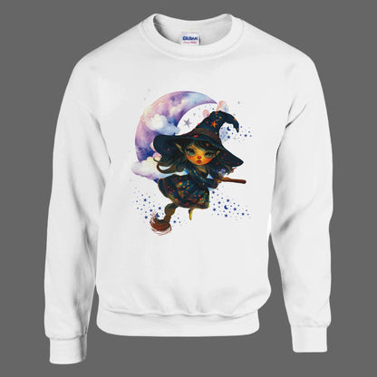 White sweatshirt with a witch graphic on a grey background