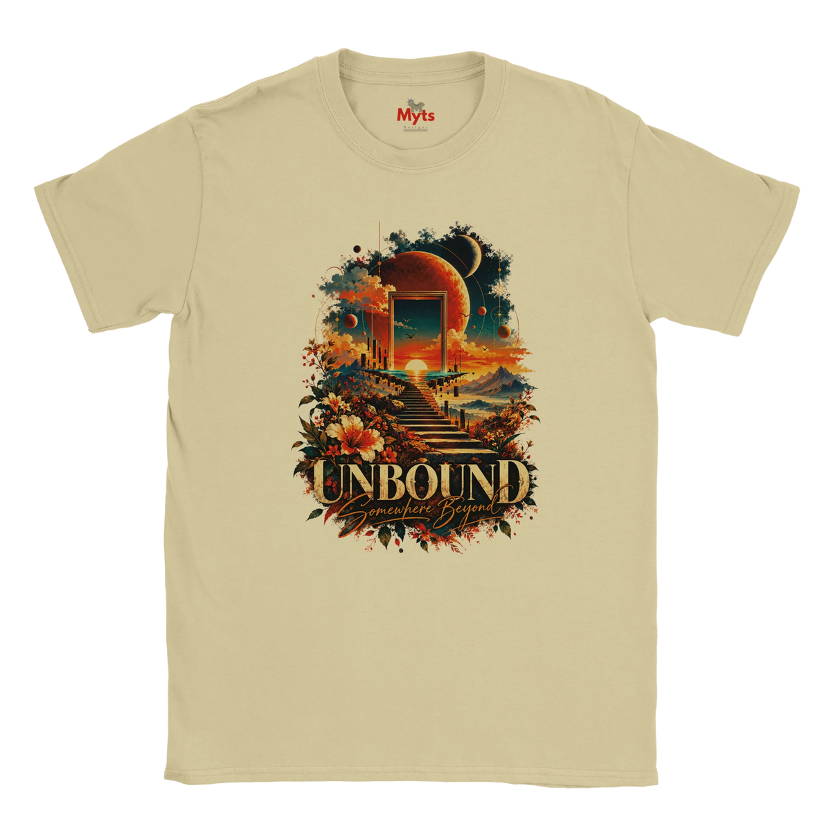 A Natural flat-lay T-shirt with surreal space and floral design with the words in bold "Unbound" and in a script style below "Somewhere Beyond"