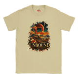 A Natural flat-lay T-shirt with surreal space and floral design with the words in bold "Unbound" and in a script style below "Somewhere Beyond"