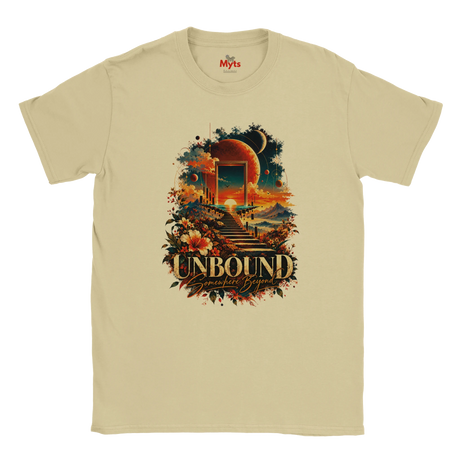 A Natural flat-lay T-shirt with surreal space and floral design with the words in bold "Unbound" and in a script style below "Somewhere Beyond"
