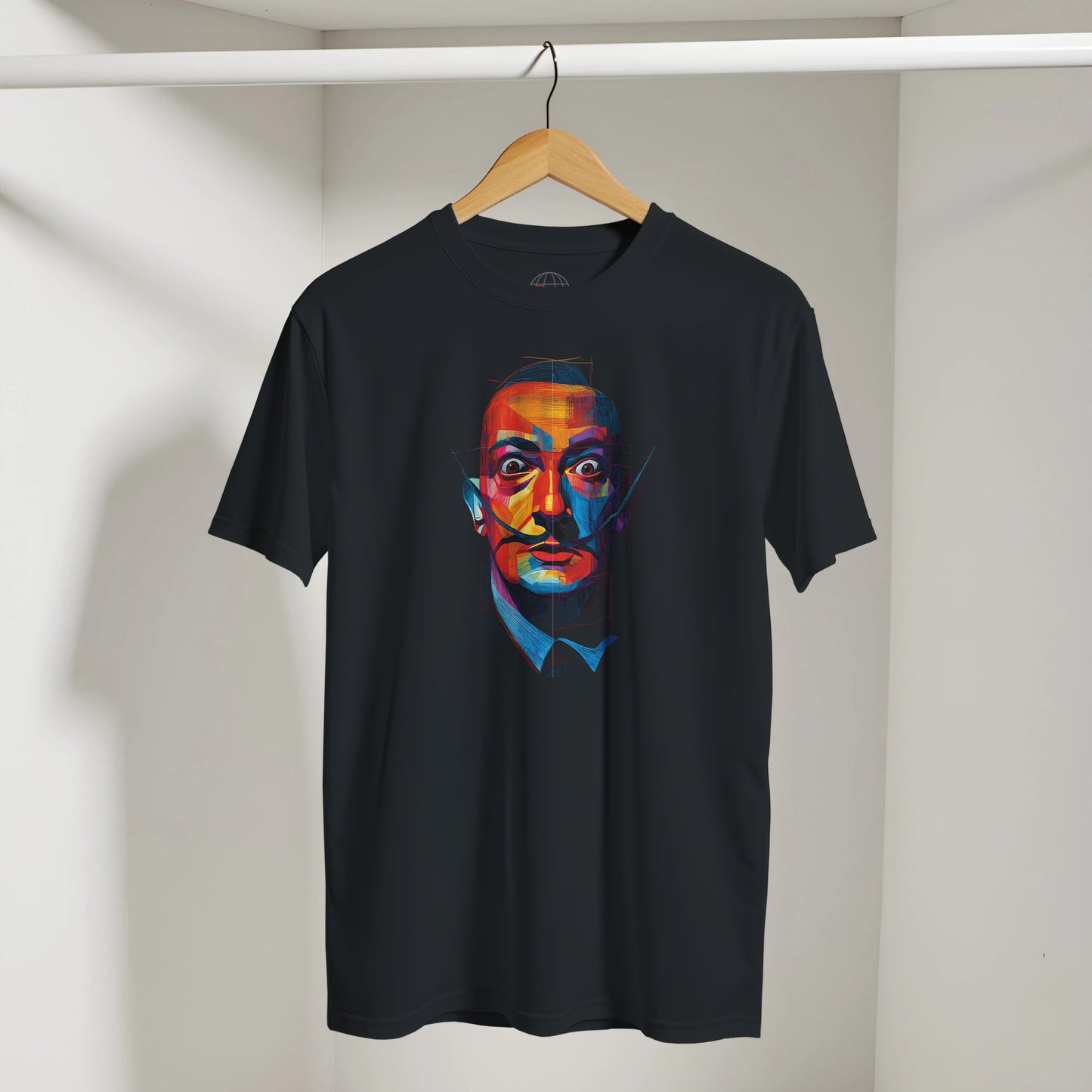 Black t-shirt with colorful graphic of a face on a hanger against a white wall.