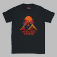 Front view of black T-shirt with pyramid and sacred geometric lines – bold symmetrical design on Gildan cotton