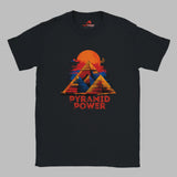 Front view of black T-shirt with pyramid and sacred geometric lines – bold symmetrical design on Gildan cotton