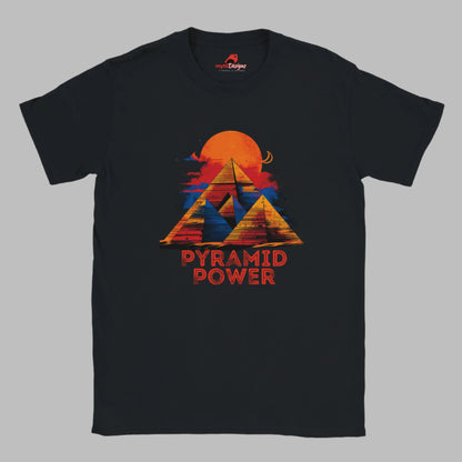 Front view of black T-shirt with pyramid and sacred geometric lines – bold symmetrical design on Gildan cotton