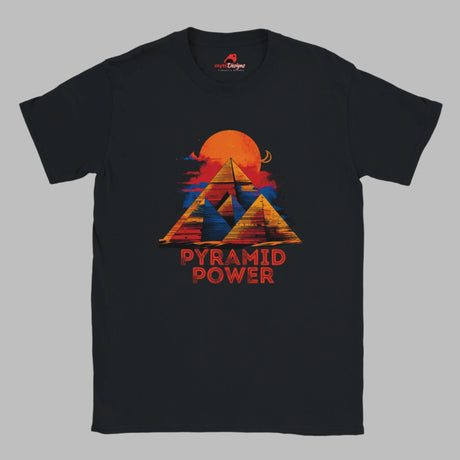Front view of black T-shirt with pyramid and sacred geometric lines – bold symmetrical design on Gildan cotton