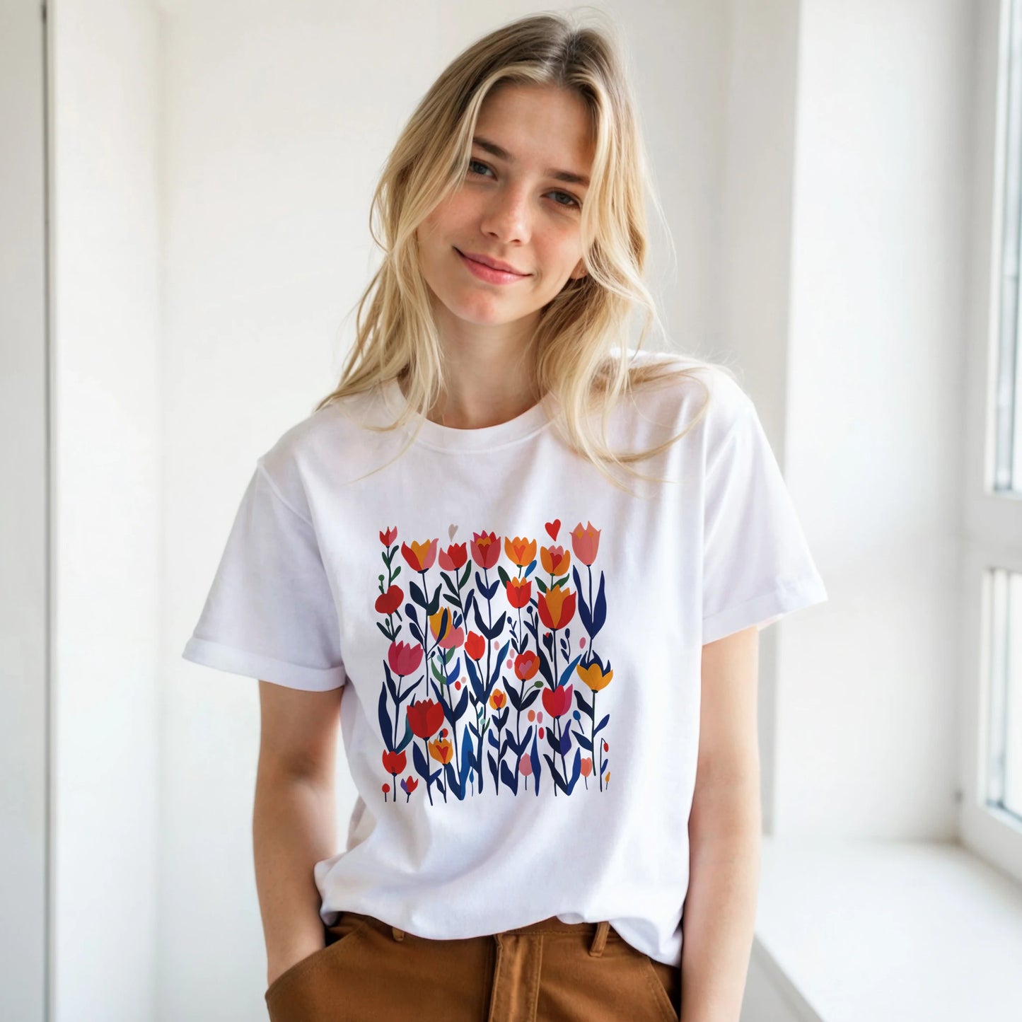 Woman wearing a white t-shirt with colorful floral design in a bright room.