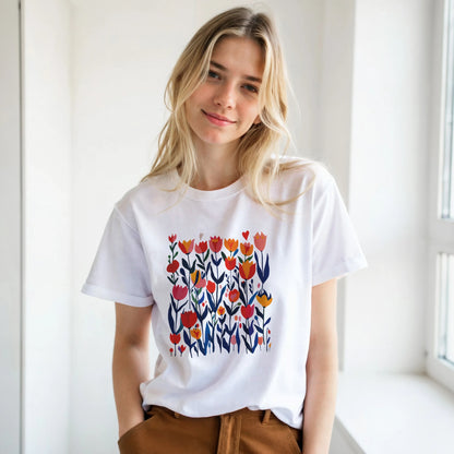 Woman wearing a white t-shirt with colorful floral design in a bright room.