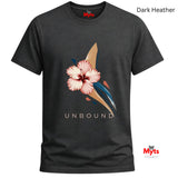 Dark Heather -coloured UNBOUND floral graphic T-shirt featuring a soft pink hibiscus and contemporary botanical artwork.