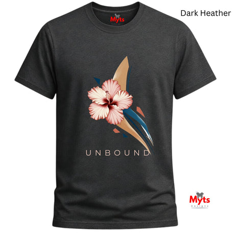 Dark Heather -coloured UNBOUND floral graphic T-shirt featuring a soft pink hibiscus and contemporary botanical artwork.