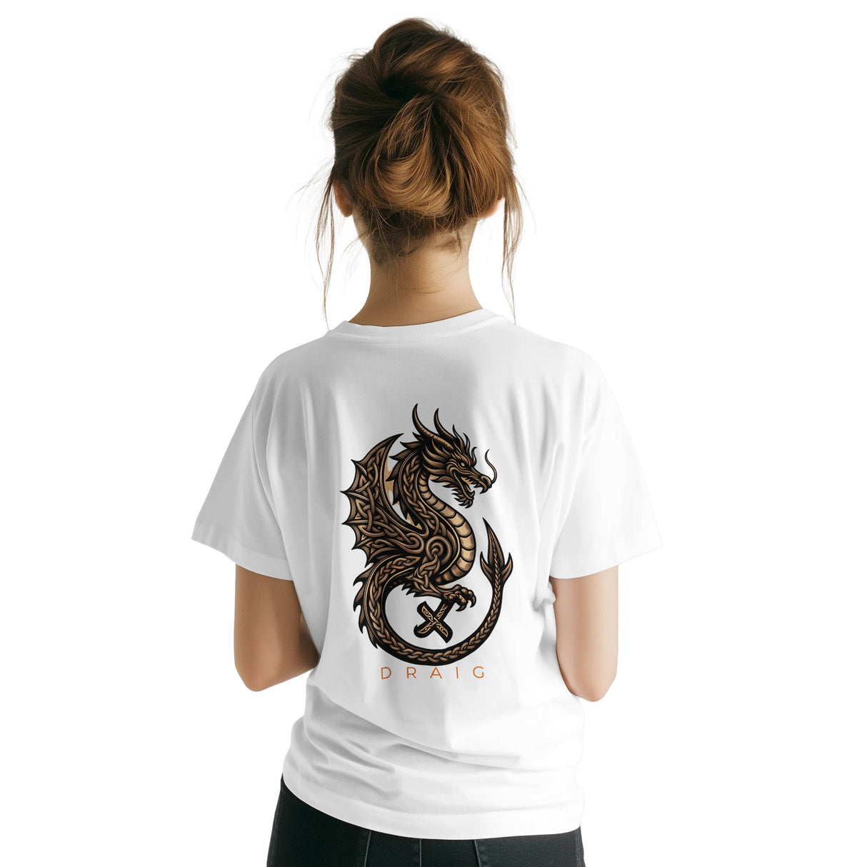 A woman shown from the back wearing a white short-sleeve T-shirt with a large dark brown dragon graphic and the word 'DRAIG' printed on the back, against a plain white background.