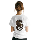 A woman shown from the back wearing a white short-sleeve T-shirt with a large dark brown dragon graphic and the word 'DRAIG' printed on the back, against a plain white background.