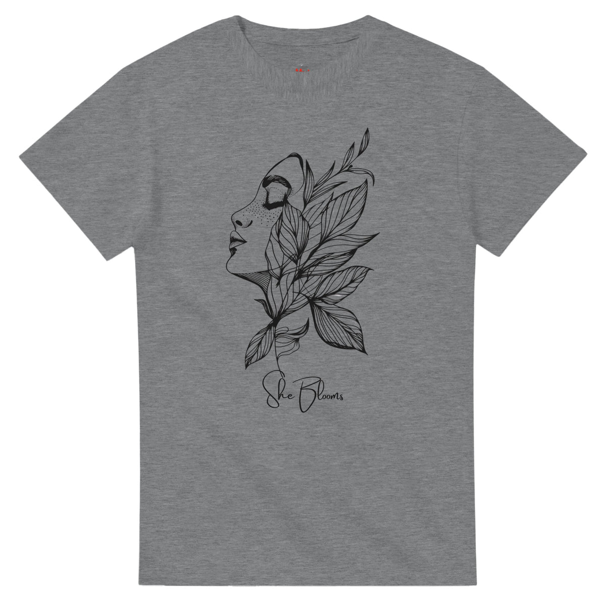 Gray t-shirt with a black floral and face design on a white background
