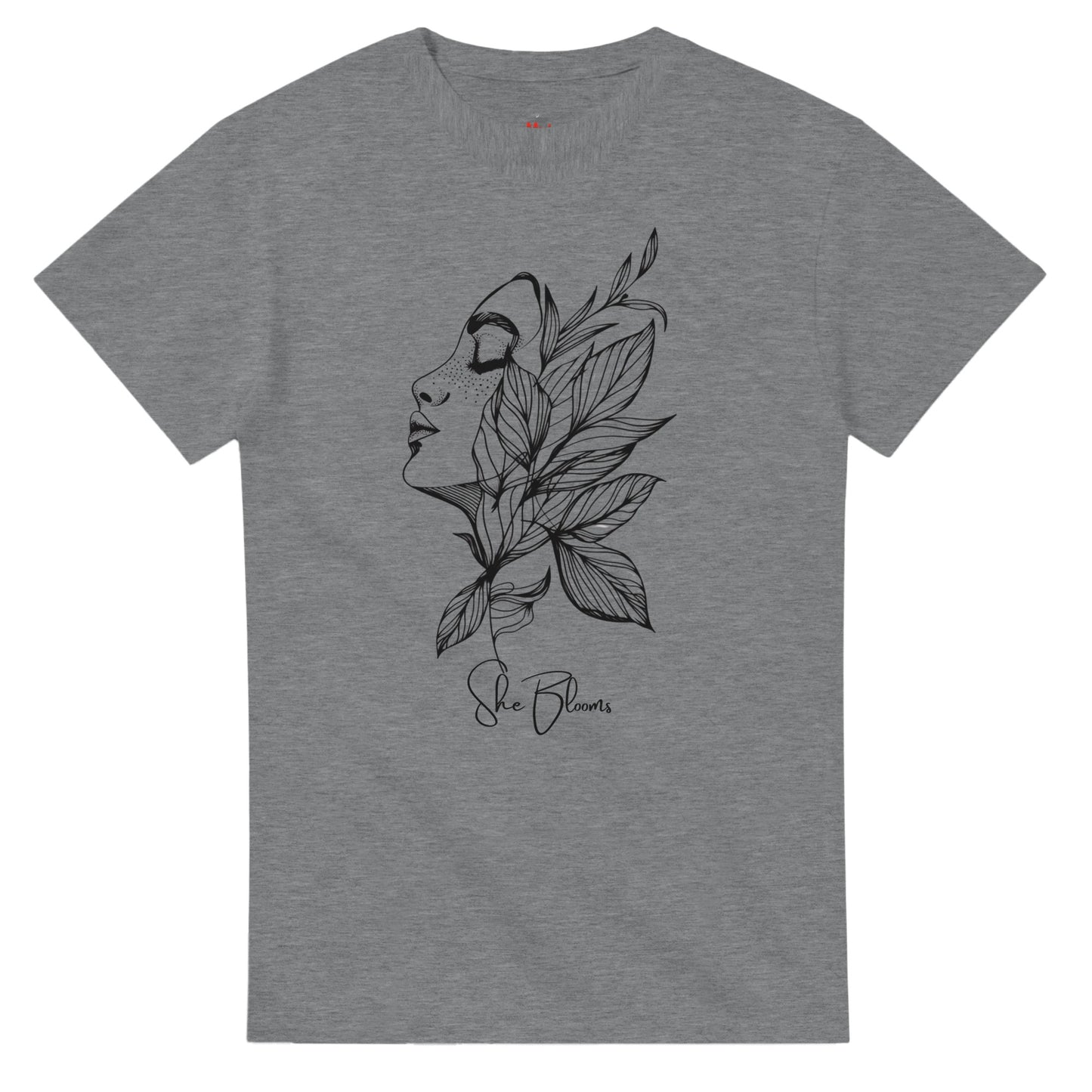 Gray t-shirt with a black floral and face design on a white background