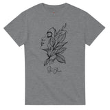 Gray t-shirt with a black floral and face design on a white background