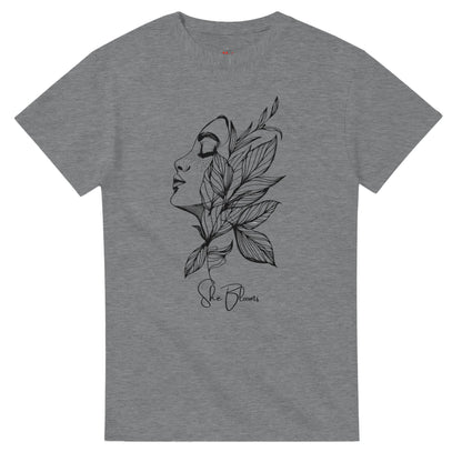 Gray t-shirt with a black floral and face design on a white background