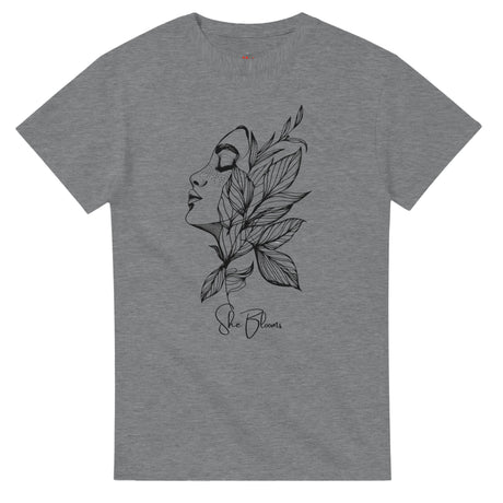 Gray t-shirt with a black floral and face design on a white background