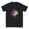 Black t-shirt with colorful geometric design on a white background