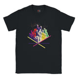 Black t-shirt with colorful geometric design on a white background