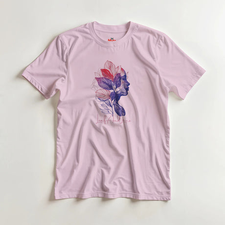 Pink t-shirt with a colorful graphic design on a light gray background