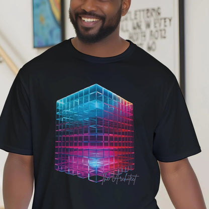 Man wearing a black t-shirt with a colorful geometric design, standing in a home setting.