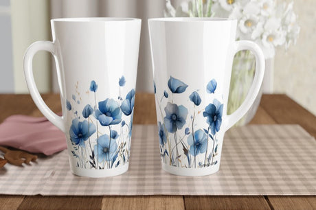 Two tall white ceramic mugs with blue floral illustrations, displayed on a checkered placemat on a wooden table with a vase of flowers in the background.