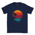 Black t-shirt with a colorful sunset and palm tree design on a white background