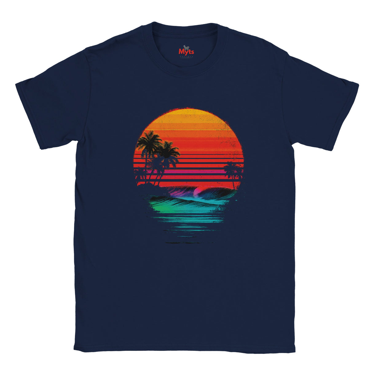 Black t-shirt with a colorful sunset and palm tree design on a white background