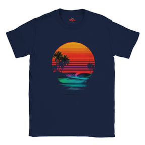 Black t-shirt with a colorful sunset and palm tree design on a white background