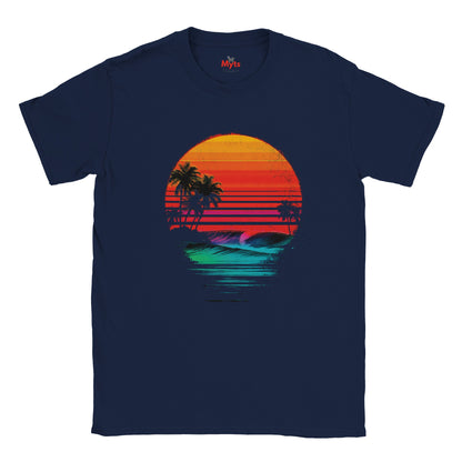 Black t-shirt with a colorful sunset and palm tree design on a white background