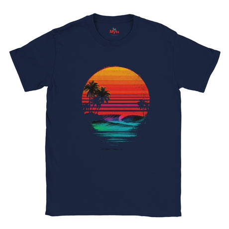 Black t-shirt with a colorful sunset and palm tree design on a white background