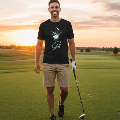 Man on a golf course holding a golf club with a scenic sunset background