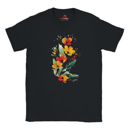 Black T-shirt featuring a vibrant wildflower bouquet design in artistic watercolor style with red, yellow, and green tones, exclusive to MytsDesigns.com”