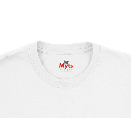 Close-up of a white t-shirt with 'Myts' logo on a white background