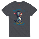 Gray t-shirt with a cartoon donkey and humorous text on a white background