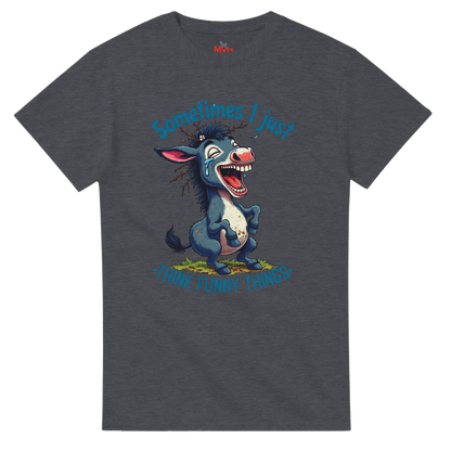 Gray t-shirt with a cartoon donkey and humorous text on a white background