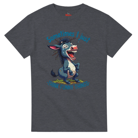 Gray t-shirt with a cartoon donkey and humorous text on a white background
