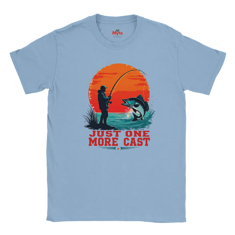 Light blue t-shirt with a fishing graphic and text on a white background